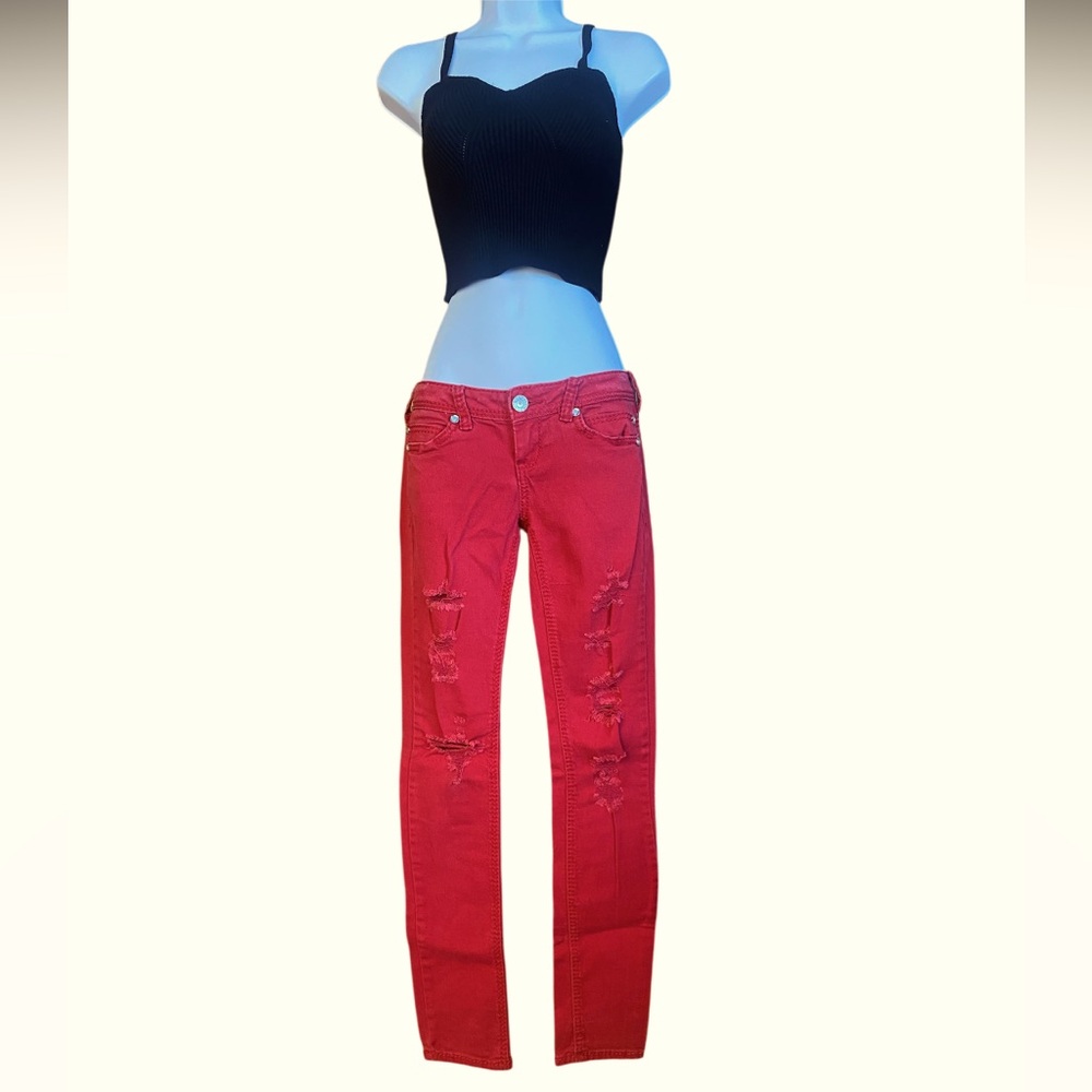 Almost Famous Distressed Faded Red Low Rise Skinny Jeans Size 1